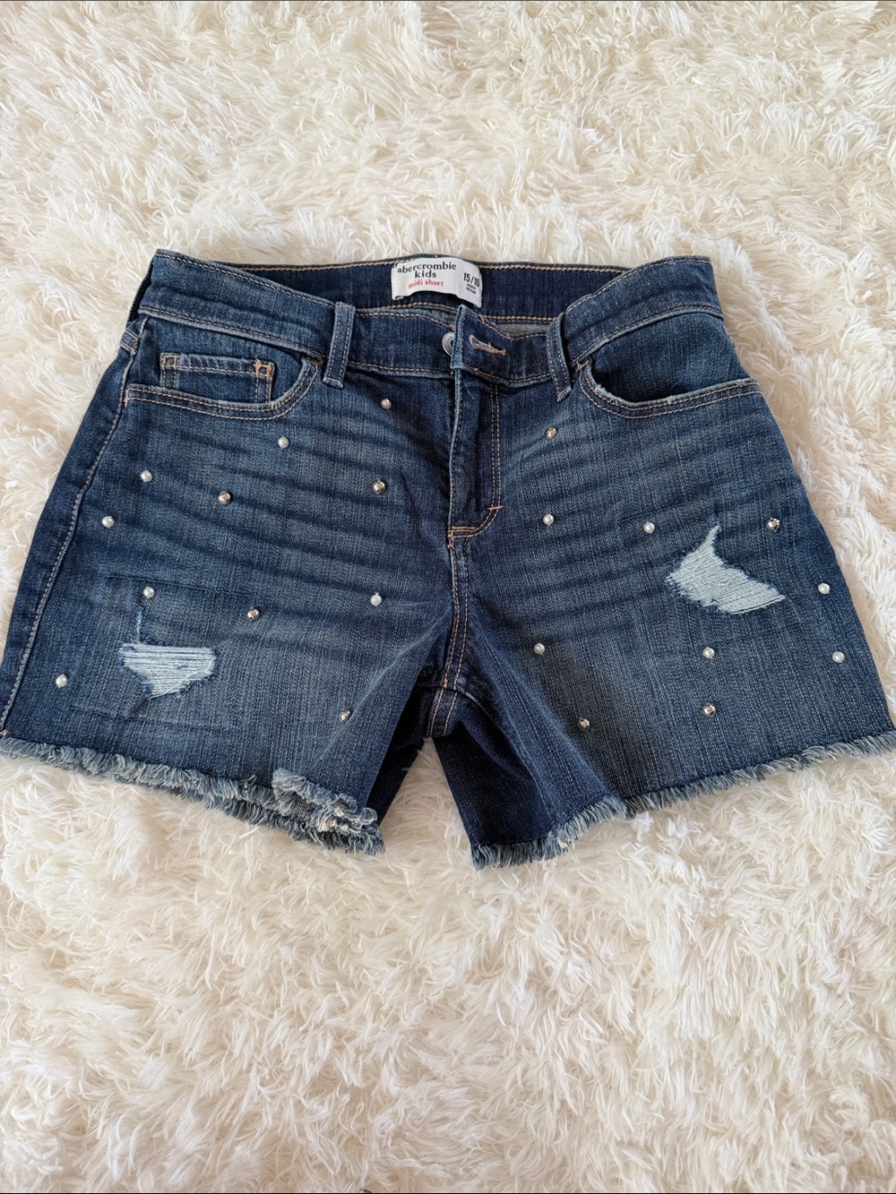 Abercrombie & Fitch Dark Blue Distressed Denim Shorts with Studs